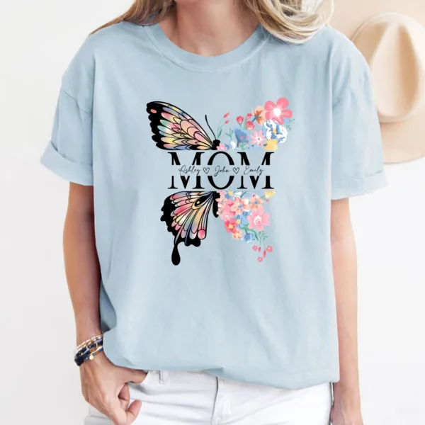 Custom Mom Shirt, Flower Lover Mama Shirt, Personalized Nature Lover Mom Tee, Mothers Day Gift, Butterfly T-Shirt Gift