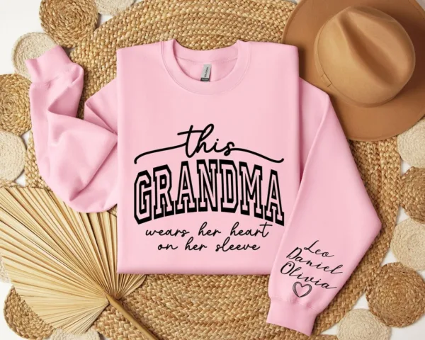Custom Sweatshirt for Grandma, Christmas Gift for Grandma, I Wear My Heart On My Sleeve, Grandma Sweatshirt with Grandchildren Name on Sleeve