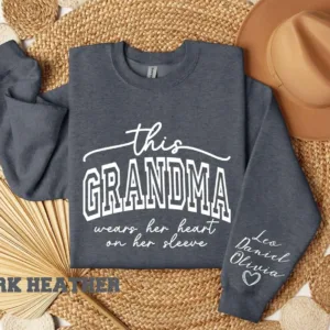 Custom-This-Grandma-Wears-Her-Heart-On-Her-Sleeve-Sweatshirt-Shirt-with-Names-On-Sleeve-Mommy-Heart-Hoodie-Mothers-Day-Gift-4.jpg Custom Sweatshirt for Grandma, Christmas Gift for Grandma, I Wear My Heart On My Sleeve, Grandma Sweatshirt with Grandchildren Name on Sleeve