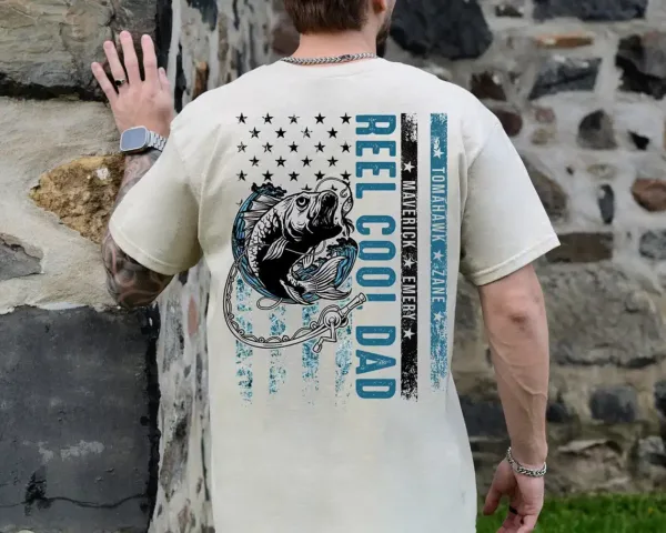 Dad-Fishing-Shirt-1.webp Dad Fishing, Fathers Day T-Shirt, Dad Gift for Fisher, Reel Cool Dad Shirt with Kids Name, Dad to Be Shirt, Dad Birthday Gift, New Daddy