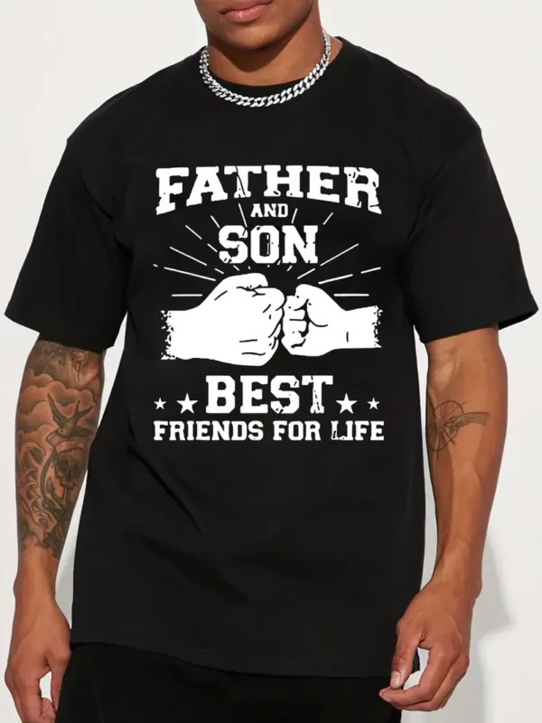 Father-Son Friendship Word Print American Trendy Brand Design Graffiti Letter Print T-Shirt