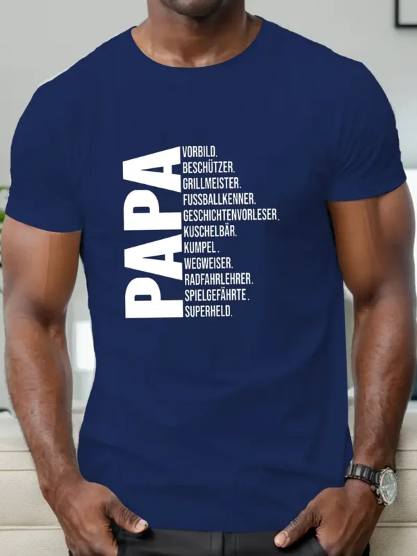 Father's Day Men's Casual Short Sleeve T-Shirt - Papa German Print, Royal Blue, Round Neck, Summer Top, Machine Washable, Fathers Day Tshirt
