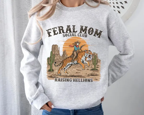 Feral-Mom-Social-Club-Retro-4-1.jpg Feral Mom Social Club Retro, Raising Hellions Sweatshirt, Vintage Feral Mom Sweatshirt, The Best Idea for Mother's Day Gift