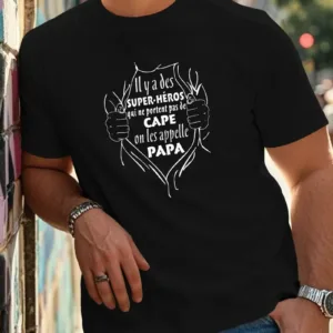 Fun-French-Crinkle-Plus-Size-Mens-T-Shirt-3.webp Fun French Crinkle Men's T-Shirt - Black Geometric Graphic Print with Superhero Dad French Quote, Casual Short Sleeve Round Neck Summer Tee