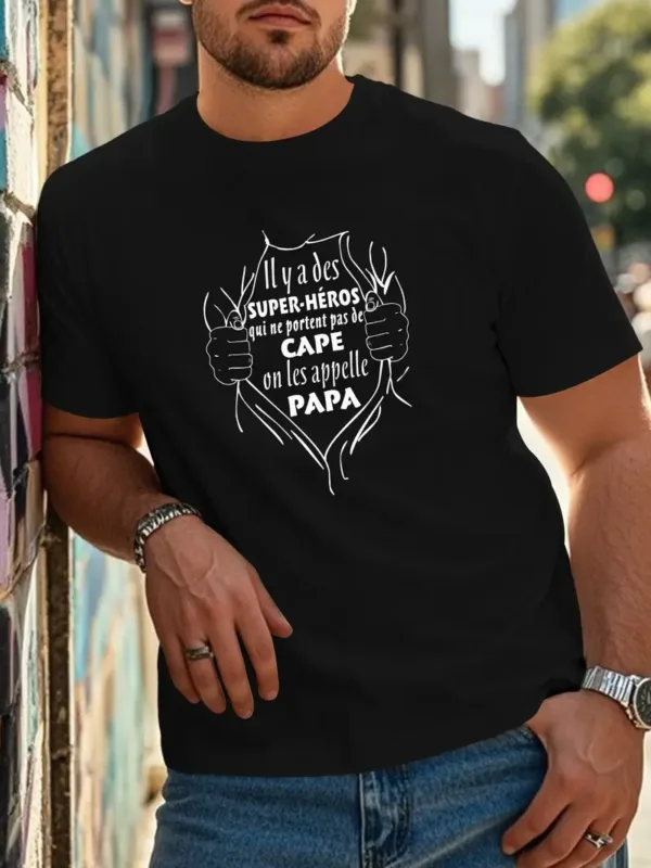 Fun-French-Crinkle-Plus-Size-Mens-T-Shirt-3.webp Fun French Crinkle Men's T-Shirt - Black Geometric Graphic Print with Superhero Dad French Quote, Casual Short Sleeve Round Neck Summer Tee