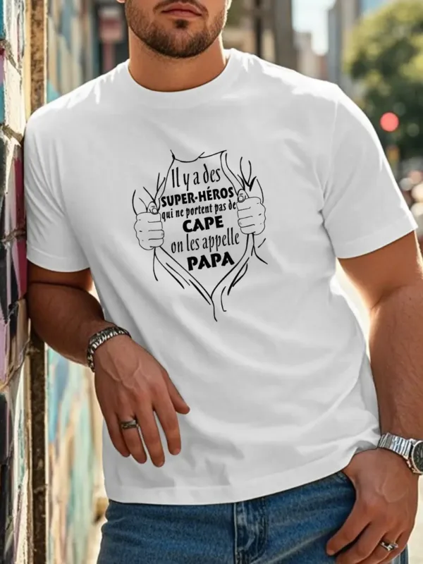 Fun-French-Crinkle-Plus-Size-Mens-T-Shirt-4.webp Fun French Crinkle Men's T-Shirt - Black Geometric Graphic Print with Superhero Dad French Quote, Casual Short Sleeve Round Neck Summer Tee