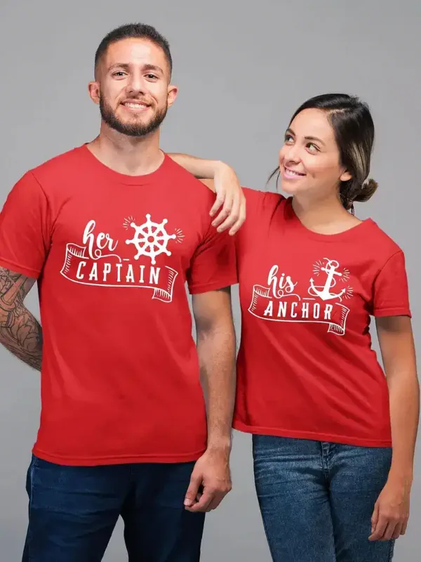 Her-Captain-His-Anchor-1.webp Couple Matching T-Shirt, Her Captain and His Anchor Print Design For Summer, Father's Day T-Shirt, The Best Family Matching Gift