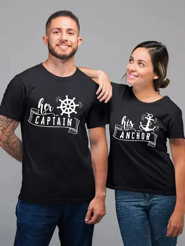 Her-Captain-His-Anchor-2.webp Couple Matching T-Shirt, Her Captain and His Anchor Print Design For Summer, Father's Day T-Shirt, The Best Family Matching Gift