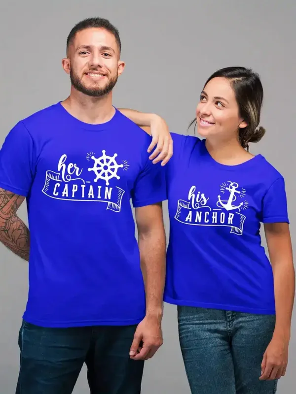 Her-Captain-His-Anchor-3.webp Couple Matching T-Shirt, Her Captain and His Anchor Print Design For Summer, Father's Day T-Shirt, The Best Family Matching Gift