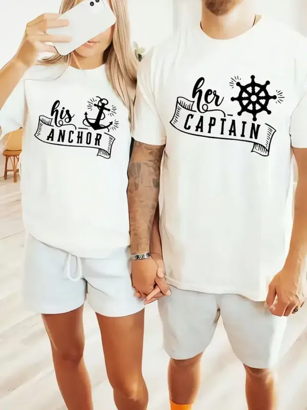 Her-Captain-His-Anchor-4.webp Couple Matching T-Shirt, Her Captain and His Anchor Print Design For Summer, Father's Day T-Shirt, The Best Family Matching Gift
