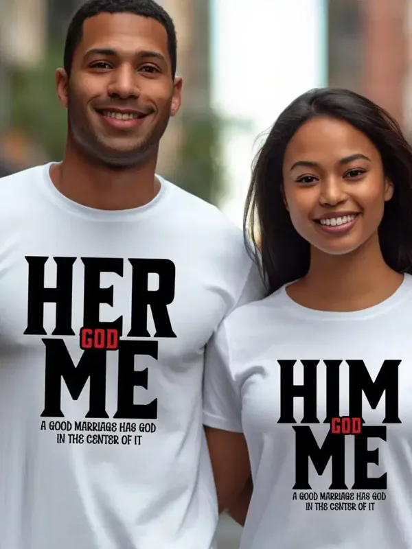 His-Hers-Matching-Couple-T-Shirts-1.webp Couple Matching T-Shirt, Her God Me and Him God Me Print Design For Summer, Father's Day T-Shirt, The Best Family Matching Gift