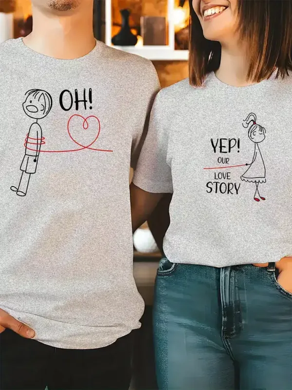 His-Hers-Matching-Couple-T-Shirts-4.webp His & Hers Matching Couple T-Shirts - Casual Red Graphic Tees with Oh Oh & Yep! Love Story Print, Summer Outfit for Men and Women