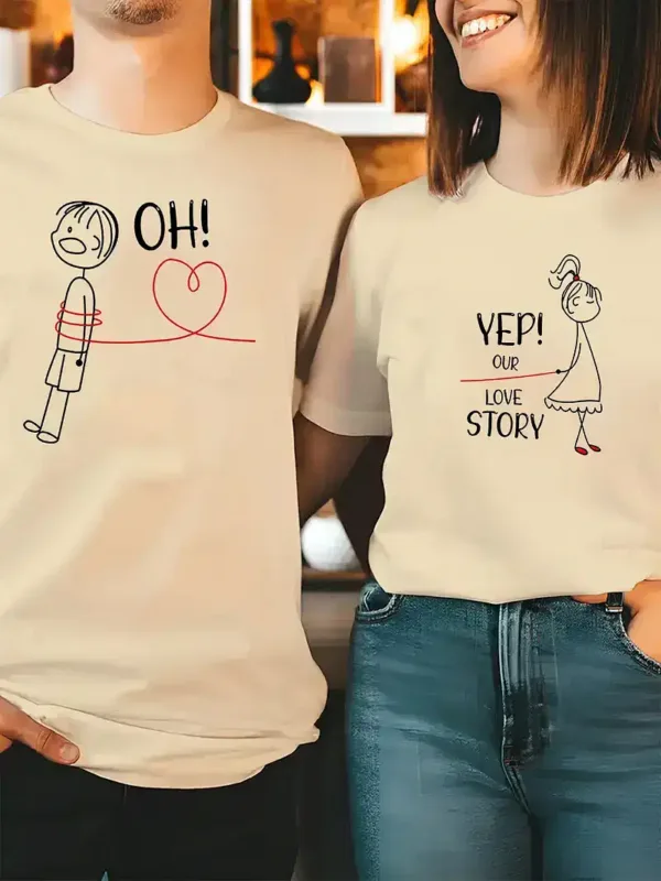 His-Hers-Matching-Couple-T-Shirts-5.webp His & Hers Matching Couple T-Shirts - Casual Red Graphic Tees with Oh Oh & Yep! Love Story Print, Summer Outfit for Men and Women