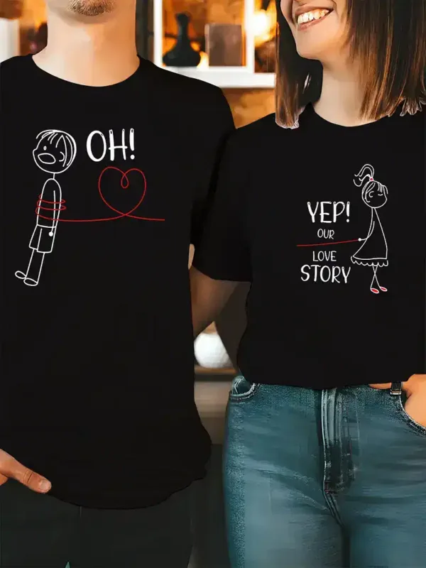 His-Hers-Matching-Couple-T-Shirts-6.webp His & Hers Matching Couple T-Shirts - Casual Red Graphic Tees with Oh Oh & Yep! Love Story Print, Summer Outfit for Men and Women