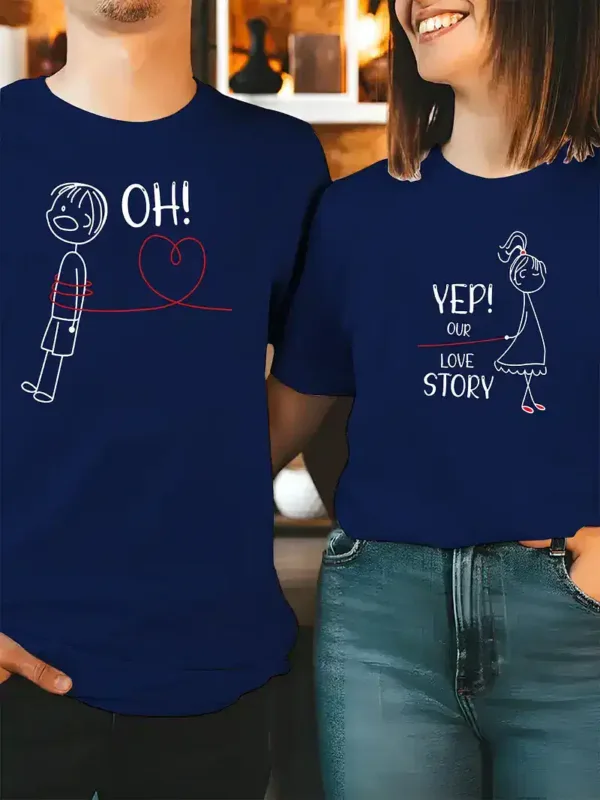 His-Hers-Matching-Couple-T-Shirts-7.webp His & Hers Matching Couple T-Shirts - Casual Red Graphic Tees with Oh Oh & Yep! Love Story Print, Summer Outfit for Men and Women