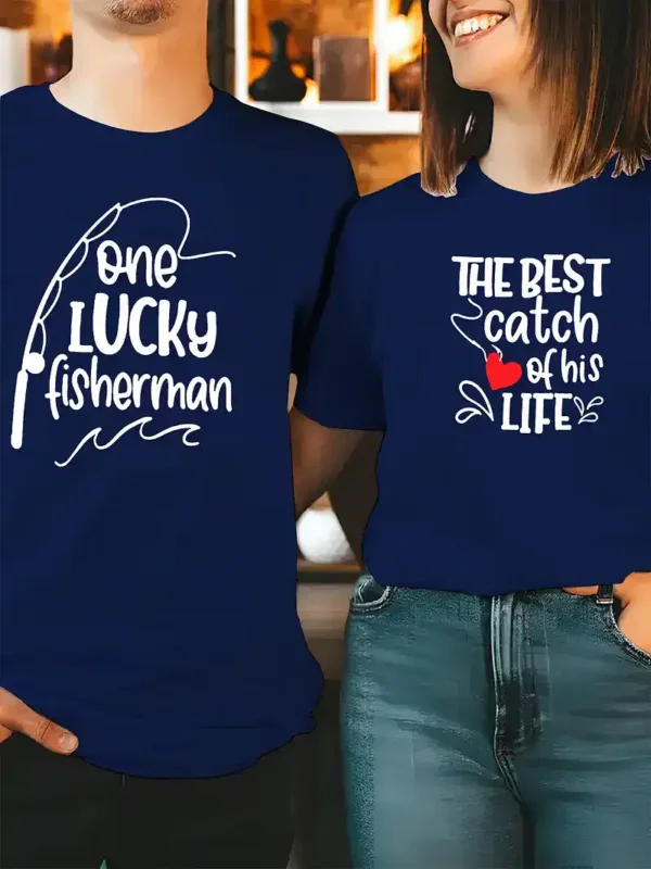 His-Hers-Matching-Fishing-Graphic-1.webp His & Hers Matching Fishing Graphic T-Shirts - One Lucky Fisherman & The Best Catch of His Life Design, Perfect for Couples Who Love Fishing Together