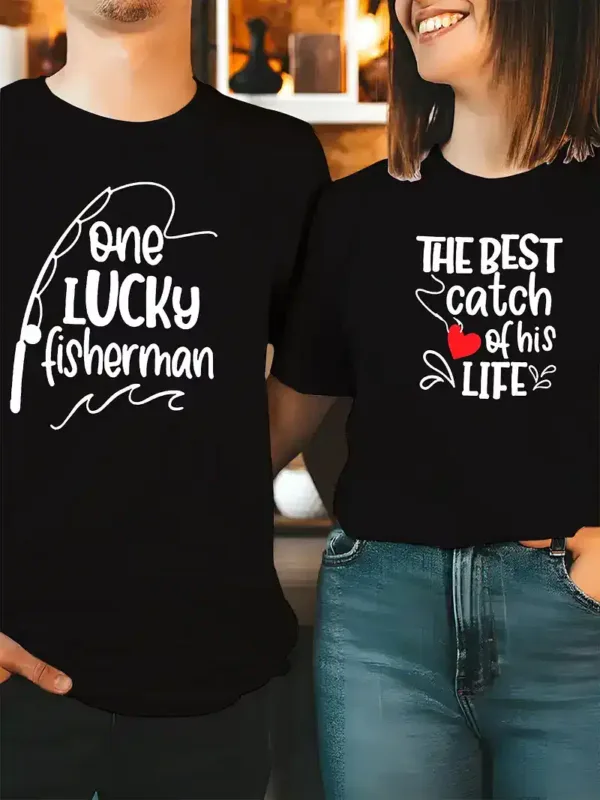 His-Hers-Matching-Fishing-Graphic-2.webp His & Hers Matching Fishing Graphic T-Shirts - One Lucky Fisherman & The Best Catch of His Life Design, Perfect for Couples Who Love Fishing Together