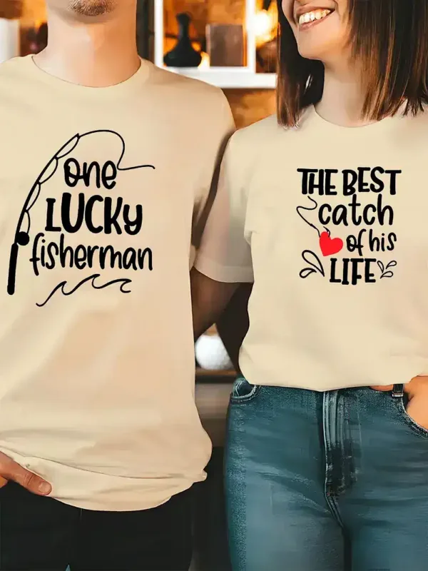 His-Hers-Matching-Fishing-Graphic-3.webp His & Hers Matching Fishing Graphic T-Shirts - One Lucky Fisherman & The Best Catch of His Life Design, Perfect for Couples Who Love Fishing Together