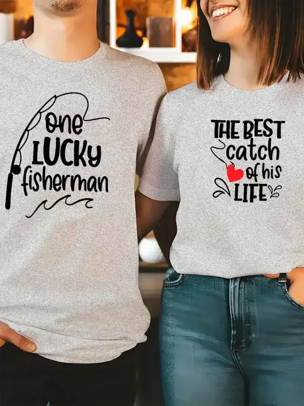 His-Hers-Matching-Fishing-Graphic-4.webp His & Hers Matching Fishing Graphic T-Shirts - One Lucky Fisherman & The Best Catch of His Life Design, Perfect for Couples Who Love Fishing Together