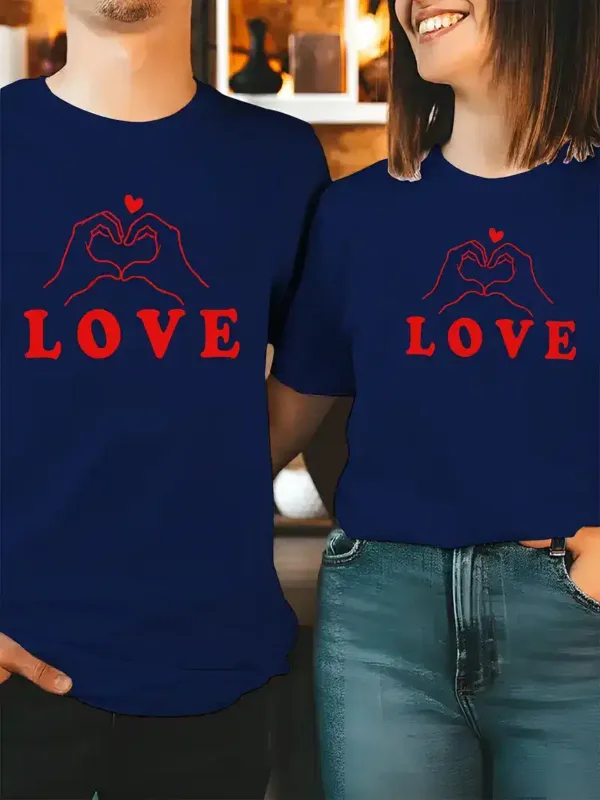 His & Hers Matching Love Heart Graphic T-Shirts - Soft Stretch Fabric, Casual Crew Neck Short Sleeve Tees for Couples, Summer Fashion Matching Outfits