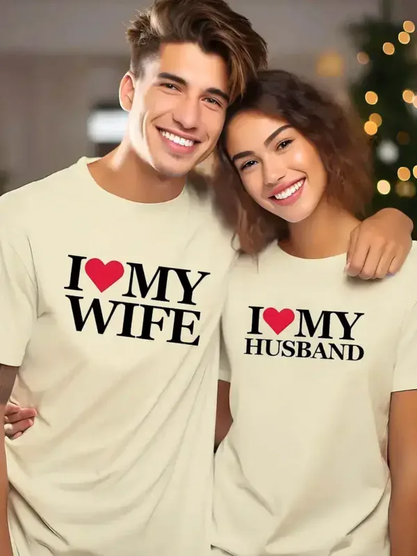 I-Love-My-Wife-1.webp I Love My Wife, I Love My Husband, Couple'S Letter Pattern T-Shirt, Newlywed Couple Gift, Matching Couple, Husband And Wife, Bride And Groom