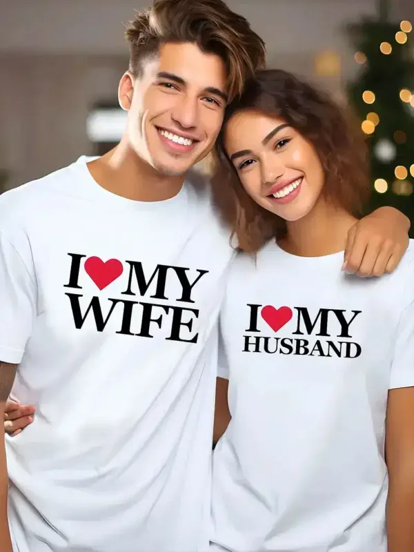 I-Love-My-Wife-3.webp I Love My Wife, I Love My Husband, Couple'S Letter Pattern T-Shirt, Newlywed Couple Gift, Matching Couple, Husband And Wife, Bride And Groom