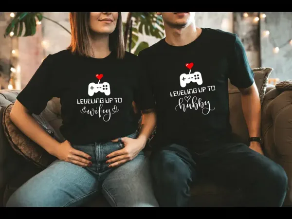 Couples Matching T-Shirt With Leveling Up To Wifey and Leveling Up To Hubby Print Design, The Best Family Matching Gift