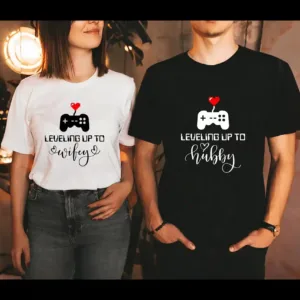 Leveling-Up-To-Wife-Husband-Shirt-2.webp Couples Matching T-Shirt With Leveling Up To Wifey and Leveling Up To Hubby Print Design, The Best Family Matching Gift