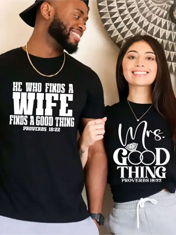 Matching-Couples-T-Shirts-Christian-Scripture-Inspired-1.webp Couple Matching with He Who Finds A Wife Finds A Good Thing and Mrs Good Thing Design, The Best Family Matching Gift