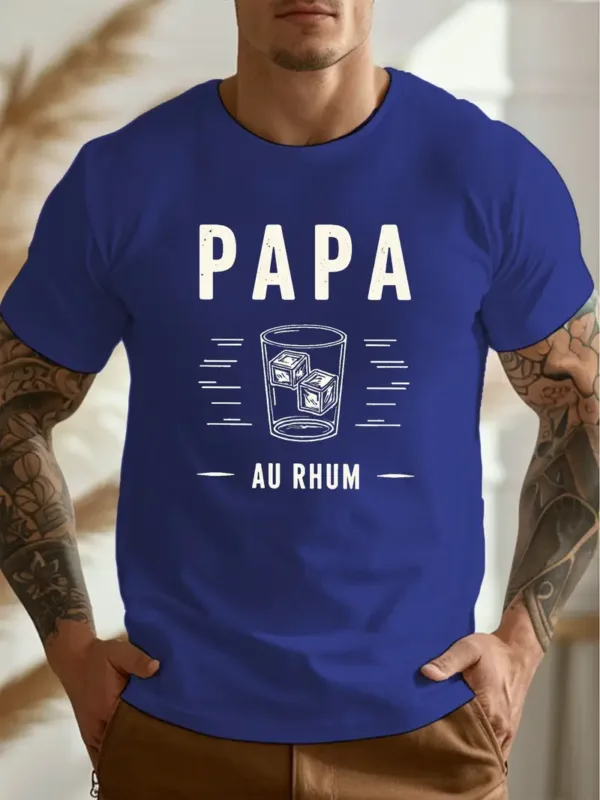 Mens-Casual-Crew-Neck-Short-Sleeve-T-Shirt-1.webp Casual Crew Neck Short Sleeve T-Shirt - Papa Au Rhum Rum Daddy Print Graphic Tee, Lightweight Summer Top with Geometric Design, Relaxed Fit T-Shirt