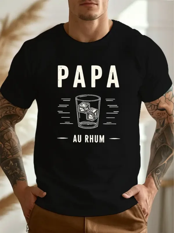 Mens-Casual-Crew-Neck-Short-Sleeve-T-Shirt-2.webp Casual Crew Neck Short Sleeve T-Shirt - Papa Au Rhum Rum Daddy Print Graphic Tee, Lightweight Summer Top with Geometric Design, Relaxed Fit T-Shirt