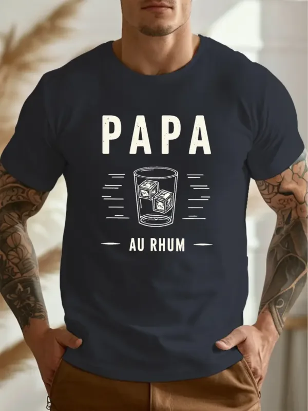 Mens-Casual-Crew-Neck-Short-Sleeve-T-Shirt-3.webp Casual Crew Neck Short Sleeve T-Shirt - Papa Au Rhum Rum Daddy Print Graphic Tee, Lightweight Summer Top with Geometric Design, Relaxed Fit T-Shirt