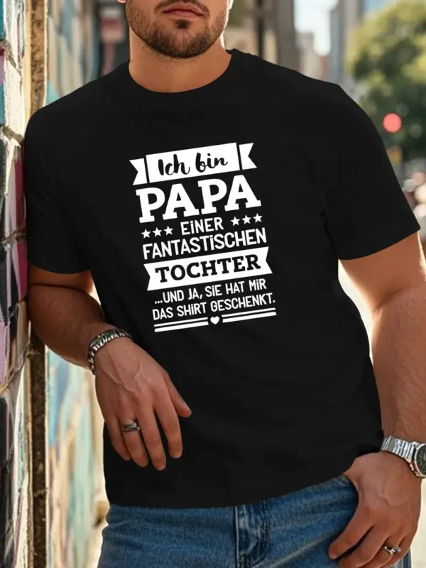 German Quote T-Shirt - Papa Humorous Design, Black with White Text & Star Decorations