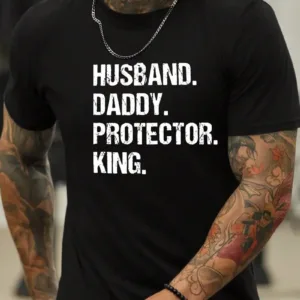 Mens-Short-Sleeve-T-Shirt-with-Husband-Daddy-1.webp Men's Short Sleeve T-Shirt with Husband Daddy Protector King Print - Regular Fit for Spring & Autumn Casual Attire