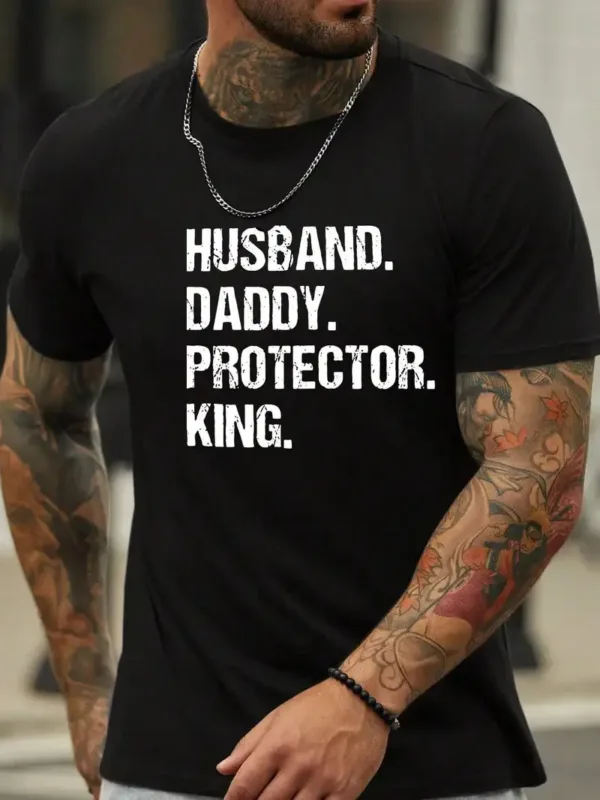 Mens-Short-Sleeve-T-Shirt-with-Husband-Daddy-1.webp Men's Short Sleeve T-Shirt with Husband Daddy Protector King Print - Regular Fit for Spring & Autumn Casual Attire