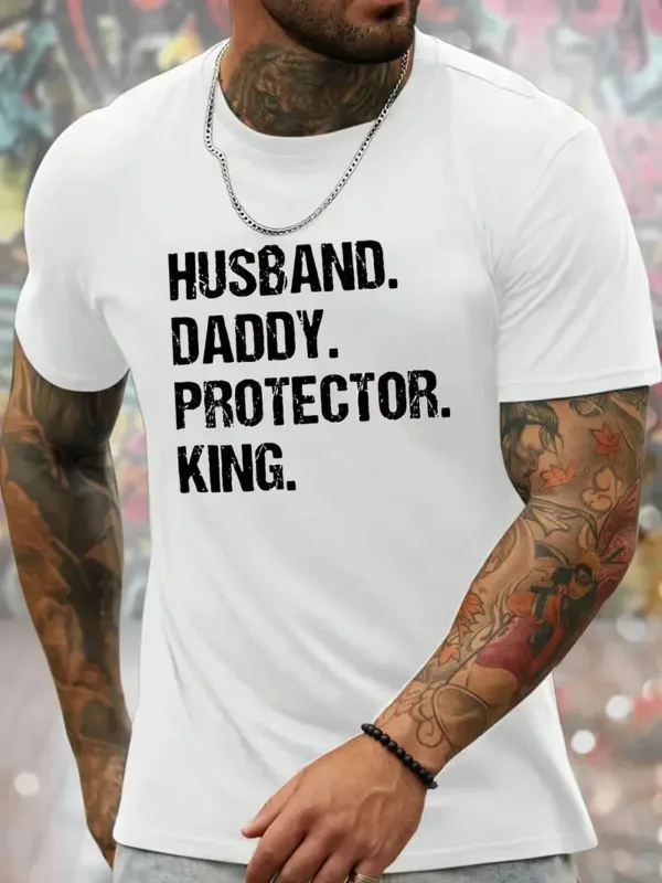 Mens-Short-Sleeve-T-Shirt-with-Husband-Daddy-2.webp Men's Short Sleeve T-Shirt with Husband Daddy Protector King Print - Regular Fit for Spring & Autumn Casual Attire