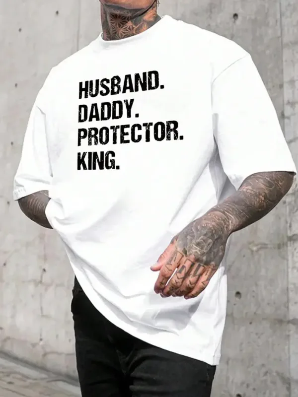 Mens-Short-Sleeve-T-Shirt-with-Husband-Daddy-4.webp Men's Short Sleeve T-Shirt with Husband Daddy Protector King Print - Regular Fit for Spring & Autumn Casual Attire