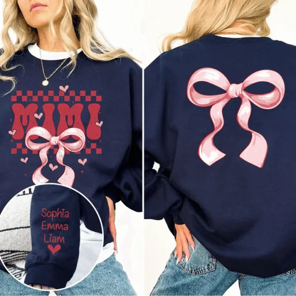 Mimi Bow - Personalized Sweatshirt With Design On Sleeve - Gift For Grandma, Mom, Wife Custom Sleeve