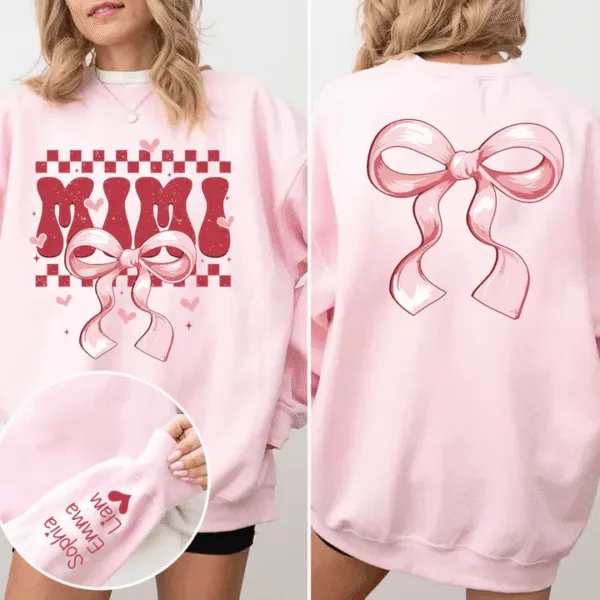 Mimi Bow - Personalized Sweatshirt With Design On Sleeve - Gift For Grandma, Mom, Wife Custom Sleeve