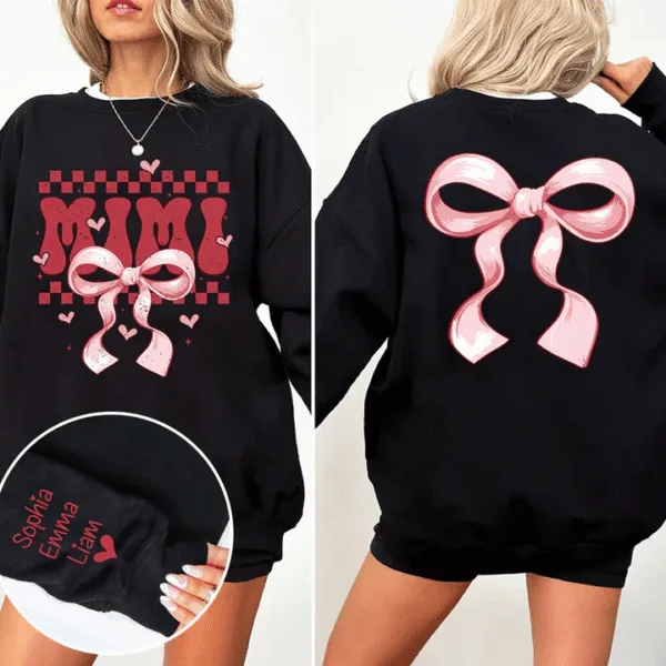 Mimi Bow - Personalized Sweatshirt With Design On Sleeve - Gift For Grandma, Mom, Wife Custom Sleeve
