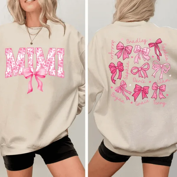 Mimi Pink Bow And Kids - Personalized Sweatshirt - Meaningful Gifts For Grandma, Mom, Wife Custom Sleeve