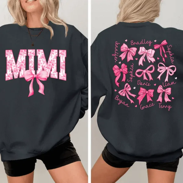 Mimi Pink Bow And Kids - Personalized Sweatshirt - Meaningful Gifts For Grandma, Mom, Wife Custom Sleeve