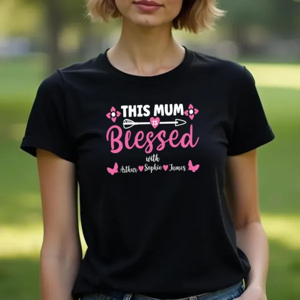 Personalized Womens Blessed Mothers Day T-Shirt Top Funny Mama Mom Cute Gift Idea