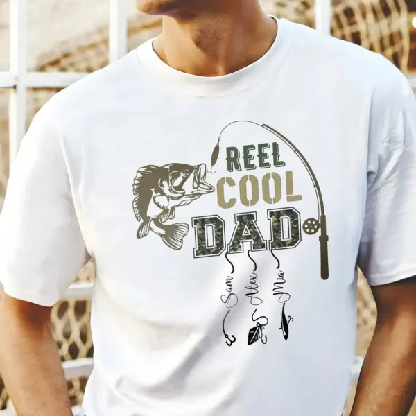 Personalized-Dad-Shirt-3.webp Personalized Dad Shirt, Custom Reel Cool Dad Shirt with Kids Name, Fishing Dad Shirt, Father's Day Shirt, Dad Gift From Kid, Retro Camo Dad