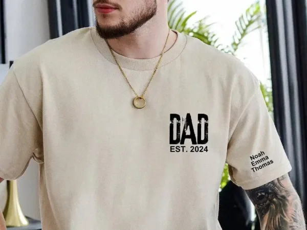 Personalized Dad T-Shirt With Kids Names Arm, Custom Dad Tshirt For Dad, Est Date Daddy Shirt Gift for Fathers Day, Childs Names Arm, Dad Gift