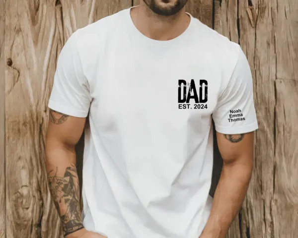 Personalized Dad T-Shirt With Kids Names Arm, Custom Dad Tshirt For Dad, Est Date Daddy Shirt Gift for Fathers Day, Childs Names Arm, Dad Gift