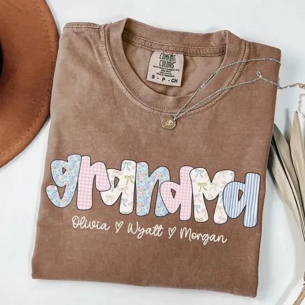 Personalized-Grandma-1.webp Personalized Grandma T-Shirt Floral Grandma Shirt with Grandkid Names Custom Grandma Gift for Grammy Coquette Grandma Bow Shirt