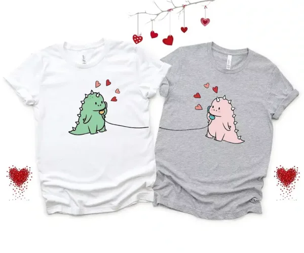 Couples Matching T-Shirt With Kawaii Dinosaur Print Design, The Best Family Matching Gift