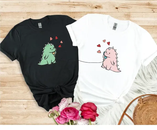 Couples Matching T-Shirt With Kawaii Dinosaur Print Design, The Best Family Matching Gift