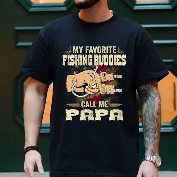 Personalized-My-Fishing-Buddies-Call-Me-Papa-Fishing-Shirt-2.webp Personalized My Fishing Buddies Call Me Papa Fishing Shirt, Camo American Flag Papa T-Shirt, Men's Fishing